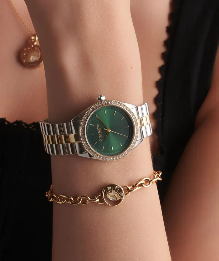 Olivia Burton Sports Luxe Watches Women 34mm Bejewelled Forest Green and Two Tone Bracelet Watch