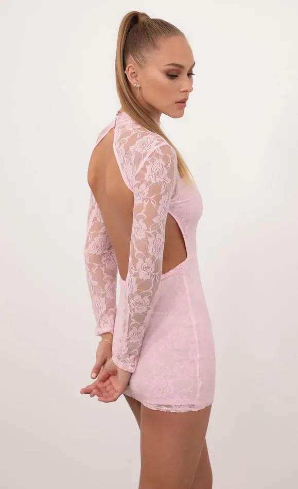 Open Back Dress Pink Floral Lace Women LUCY IN THE SKY Mini Dresses