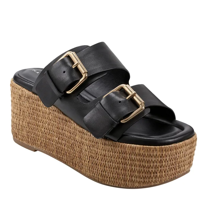 Palery Platform Buckle Slide Sandal Black Leather Mules and Slides Marc Fisher Women