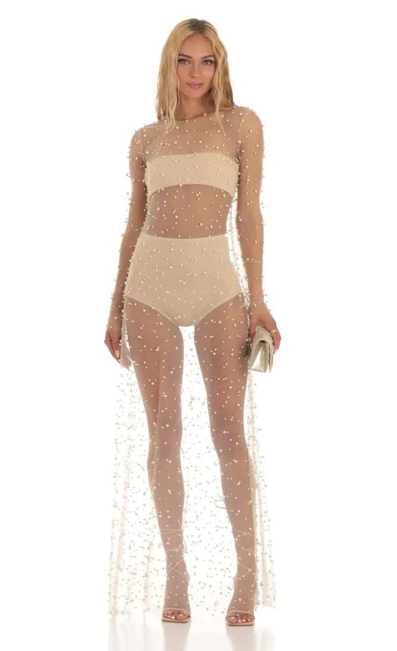 Pearl Mesh Dress Beige Women LUCY IN THE SKY TwoPiece Sets