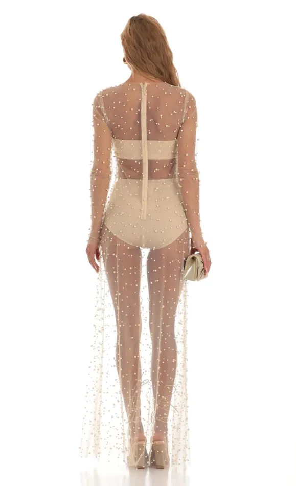 Pearl Mesh Dress Beige Women LUCY IN THE SKY TwoPiece Sets