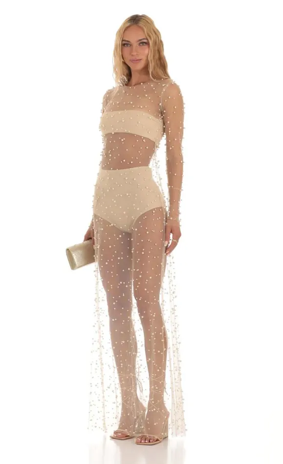 Pearl Mesh Dress Beige Women LUCY IN THE SKY TwoPiece Sets