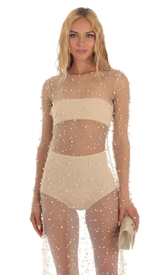 Pearl Mesh Dress Beige Women LUCY IN THE SKY TwoPiece Sets