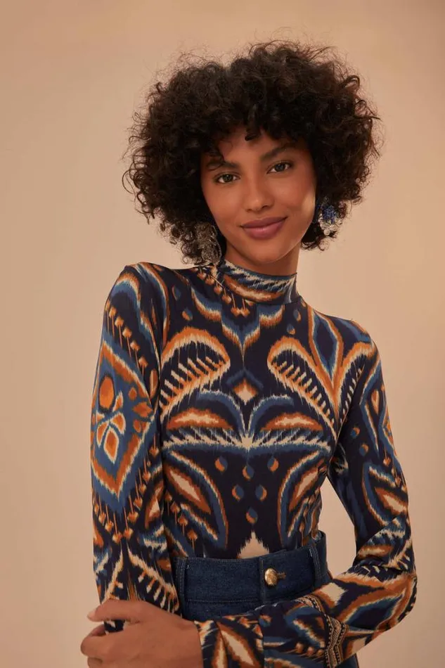 Pineapple Ikat Blue Jersey Blouse Women FARM Rio Blouses