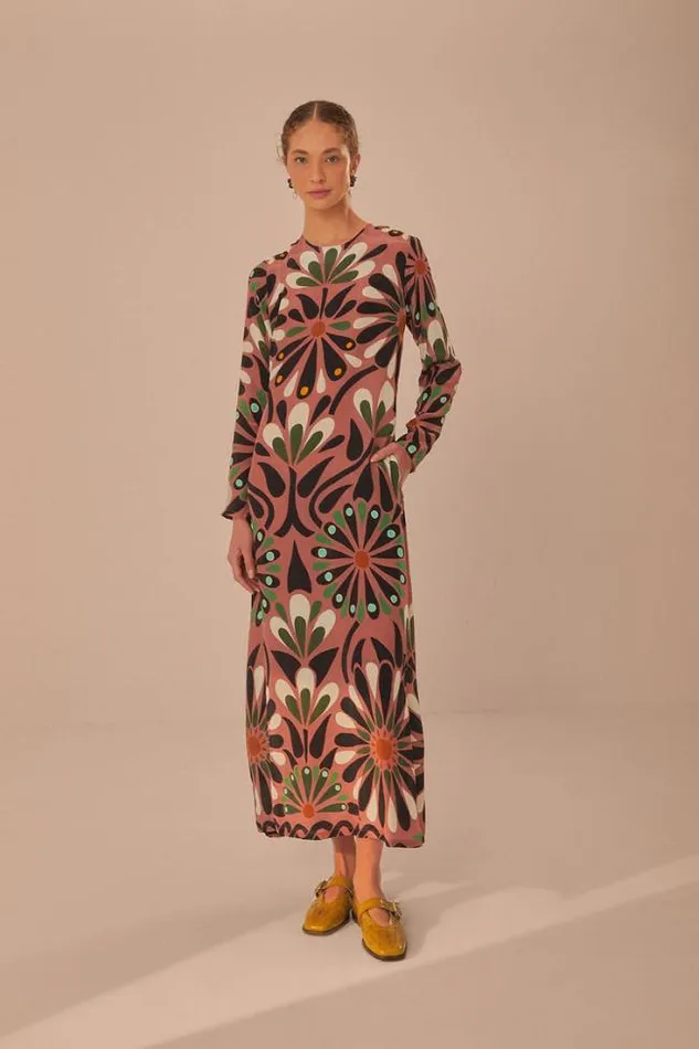Pink Ainika Flowers Long Sleeve Maxi Dress Women FARM Rio Maxi Dresses