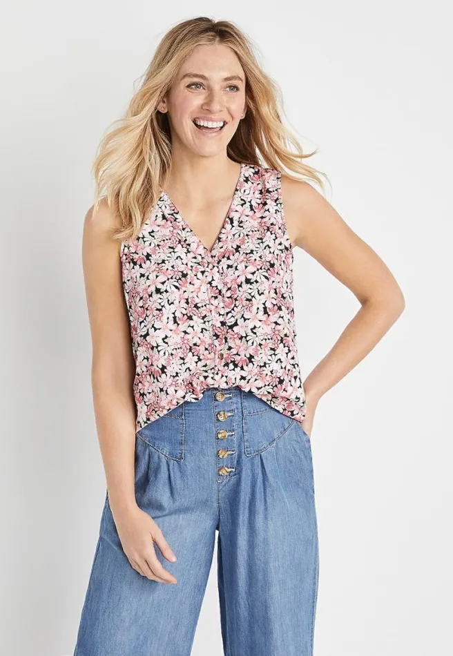 Pink Floral Button Down Tank Top Women Maurices Tops