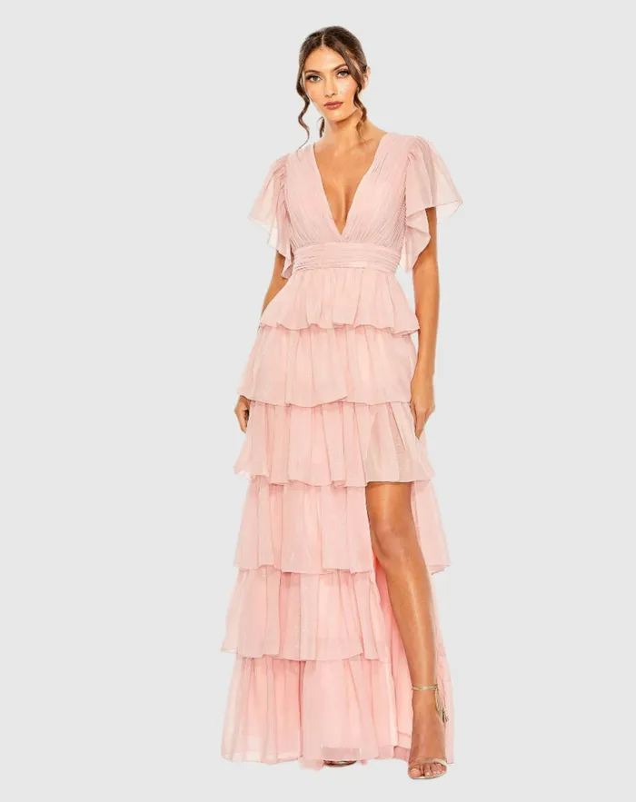 Pink Flutter Sleeve Ruffle Tiered Gown Petal Pink Women Daytime Dresses Mac Duggal