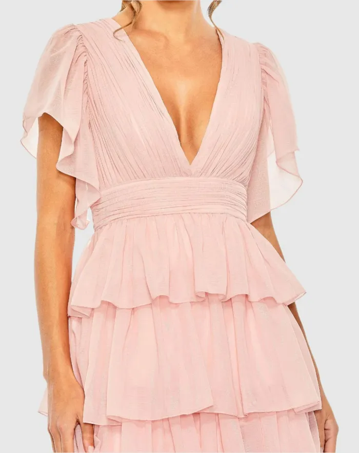 Pink Flutter Sleeve Ruffle Tiered Gown Petal Pink Women Daytime Dresses Mac Duggal Pink Flutter Sleeve Ruffle Tiered Gown Petal Pink Women Daytime Dresses Mac Duggal