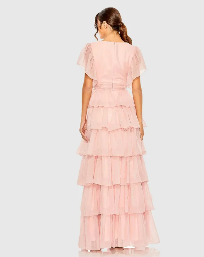 Pink Flutter Sleeve Ruffle Tiered Gown Petal Pink Women Daytime Dresses Mac Duggal Pink Flutter Sleeve Ruffle Tiered Gown Petal Pink Women Daytime Dresses Mac Duggal
