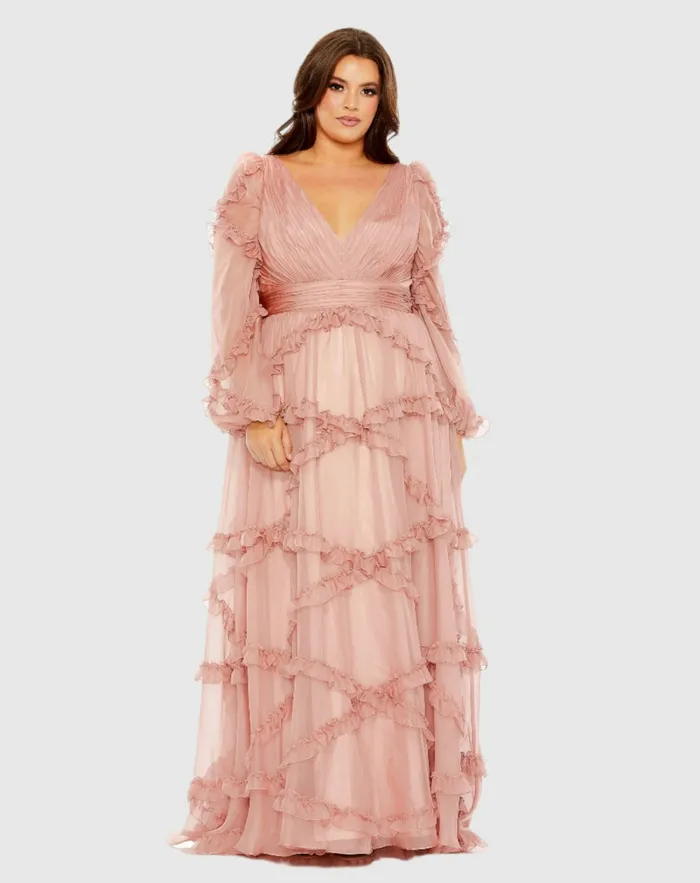 Pink V Neck Ruffle Tiered Puff Sleeve Gown Dusty Rose Women Plus Size Dresses Mac Duggal Pink V Neck Ruffle Tiered Puff Sleeve Gown Dusty Rose Women Plus Size Dresses Mac Duggal