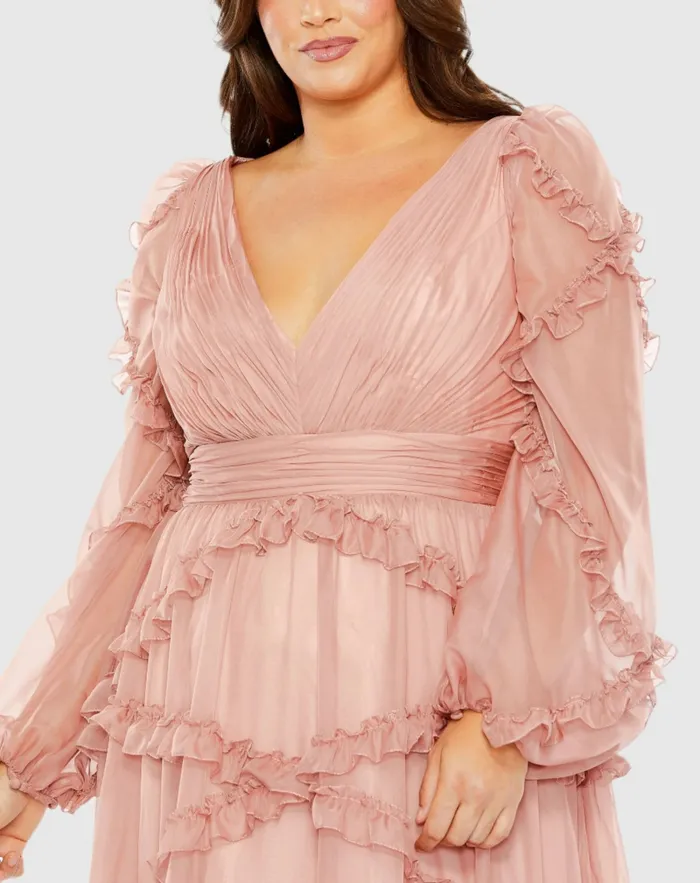 Pink V Neck Ruffle Tiered Puff Sleeve Gown Dusty Rose Women Plus Size Dresses Mac Duggal