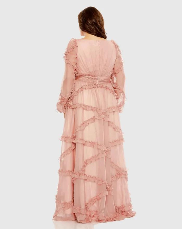 Pink V Neck Ruffle Tiered Puff Sleeve Gown Dusty Rose Women Plus Size Dresses Mac Duggal