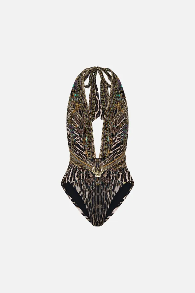 PLUNGE FRONT HALTER ONE PIECE WITH TRIM CAT WORSHIP Cat Worship Womens Camilla One Pieces