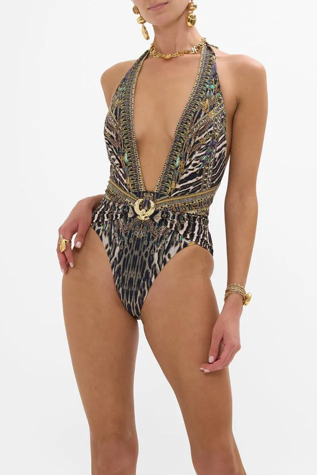 PLUNGE FRONT HALTER ONE PIECE WITH TRIM CAT WORSHIP Cat Worship Womens Camilla One Pieces