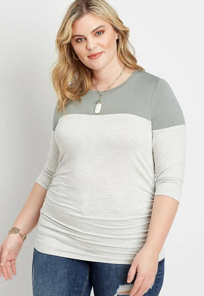 Plus Size 247 Olive Striped Ruched Side Baseball Tee Women Maurices Plus Tops
