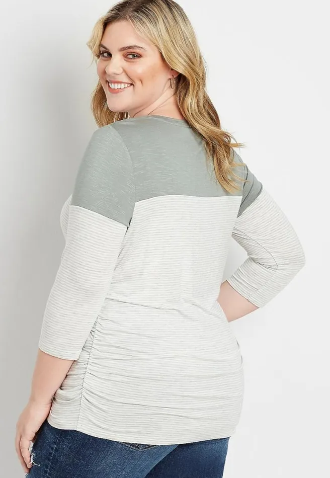 Plus Size 247 Olive Striped Ruched Side Baseball Tee Women Maurices Plus Tops