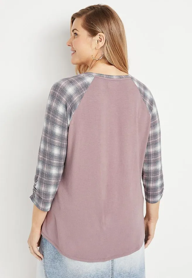 Plus Size 247 Plaid Ruched Sleeve Baseball Tee Women Maurices Plus Tops