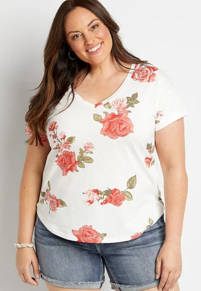 Plus Size 247 White Floral Drop Shoulder Classic Tee Women Maurices Plus Tops