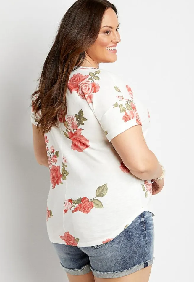 Plus Size 247 White Floral Drop Shoulder Classic Tee Women Maurices Plus Tops