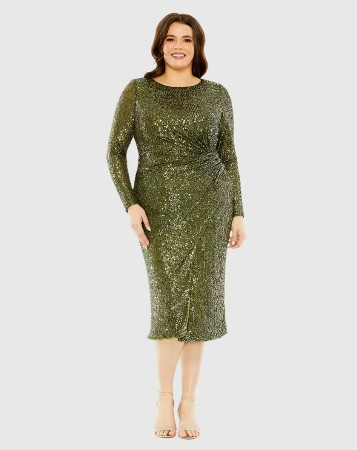 Plus Size Dresses Mac Duggal Women Long Sleeve Sequin Gathered Waist Dress Black