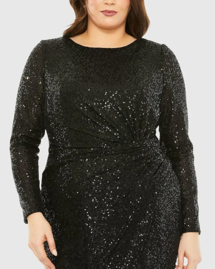 Plus Size Dresses Mac Duggal Women Long Sleeve Sequin Gathered Waist Dress Black