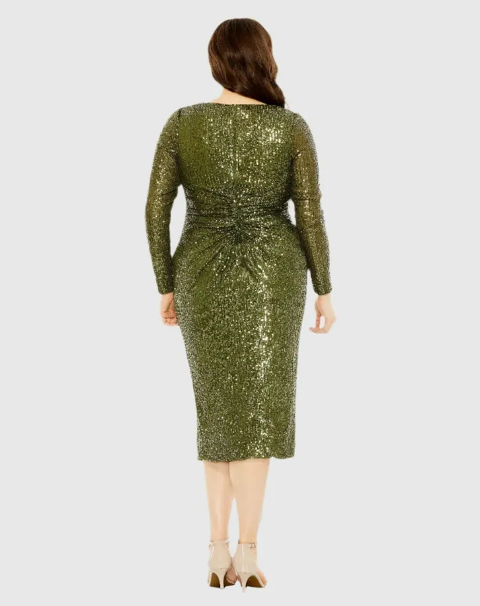 Plus Size Dresses Mac Duggal Women Long Sleeve Sequin Gathered Waist Dress Black