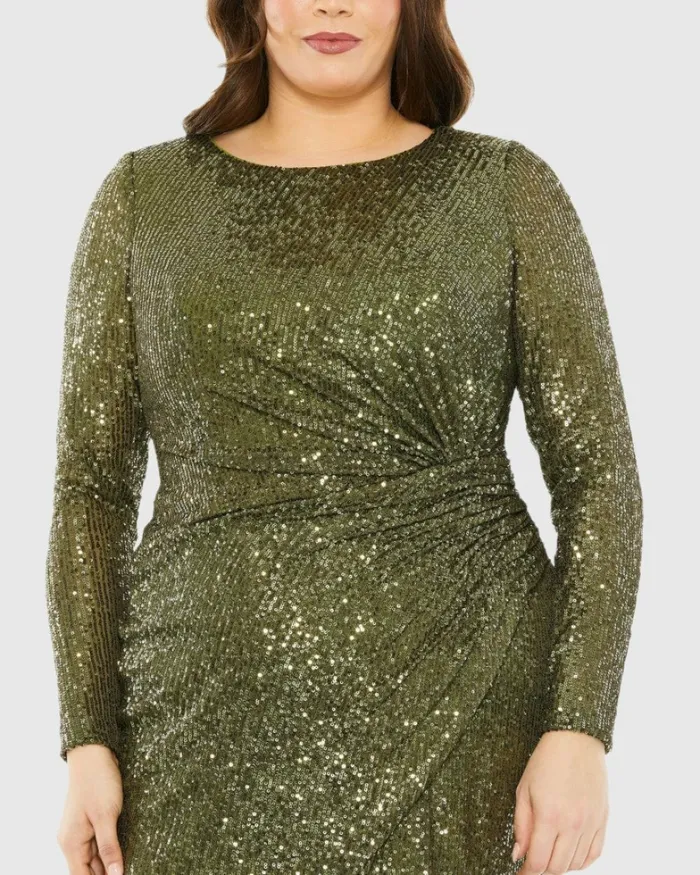 Plus Size Dresses Mac Duggal Women Long Sleeve Sequin Gathered Waist Dress Black