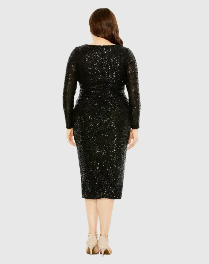 Plus Size Dresses Mac Duggal Women Long Sleeve Sequin Gathered Waist Dress Black