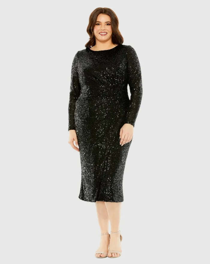 Plus Size Dresses Mac Duggal Women Long Sleeve Sequin Gathered Waist Dress Black