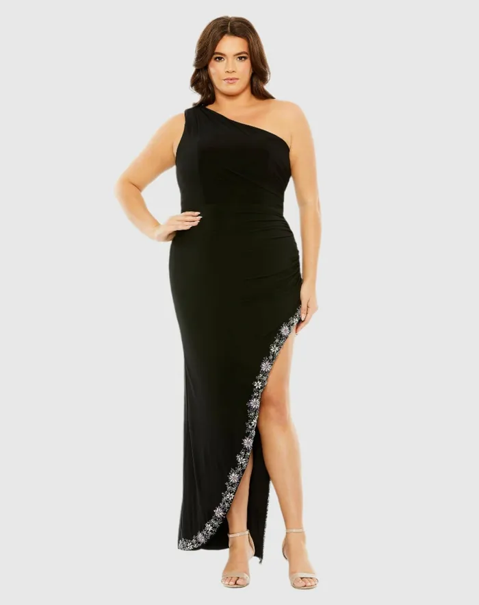 Plus Size Dresses Mac Duggal Women One Shoulder Asymmetrical Embellished Hem Dress Black Multi Plus Size Dresses Mac Duggal Women One Shoulder Asymmetrical Embellished Hem Dress Black Multi