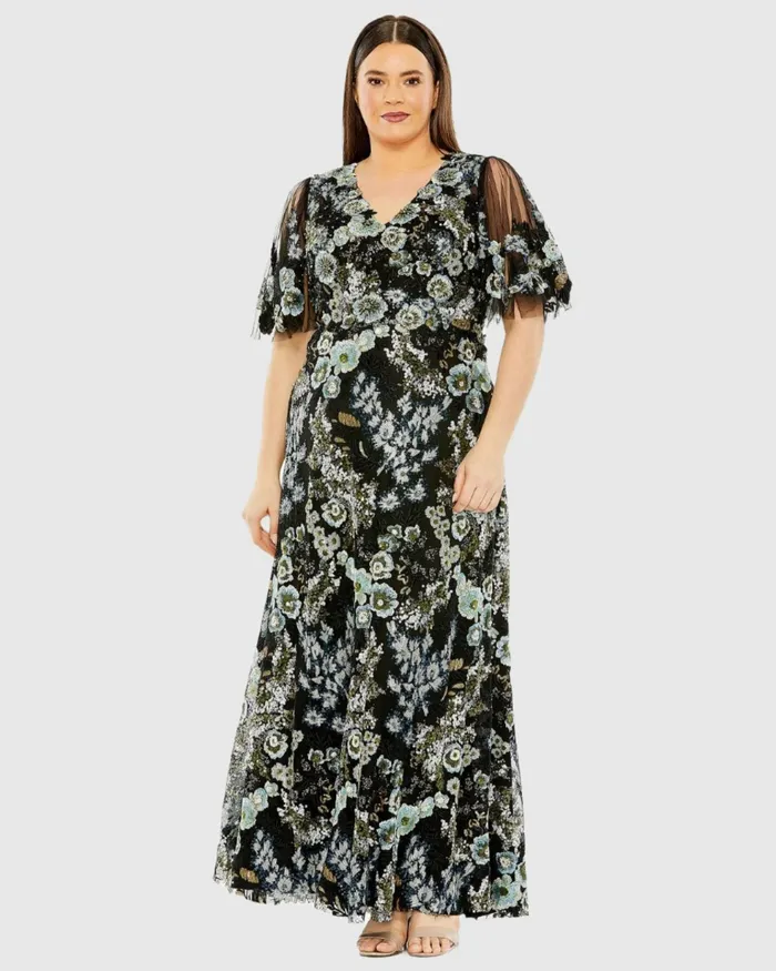 Plus Size Dresses Mac Duggal Women Sheer Sleeve V Neck Floral Embroidered Dress Black Multi