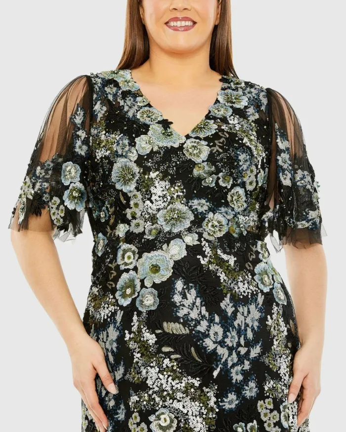Plus Size Dresses Mac Duggal Women Sheer Sleeve V Neck Floral Embroidered Dress Black Multi