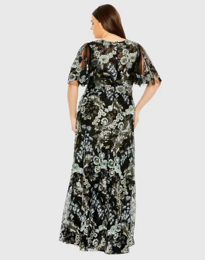 Plus Size Dresses Mac Duggal Women Sheer Sleeve V Neck Floral Embroidered Dress Black Multi
