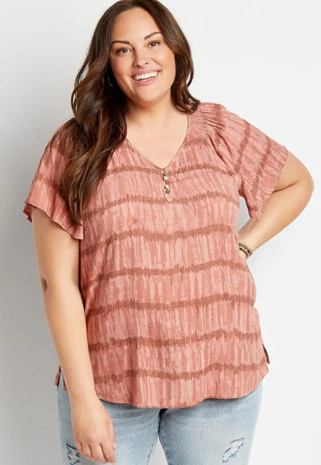 Plus Size Mauve Tie Dye Flutter Sleeve Button Front Top Women Maurices Plus Tops