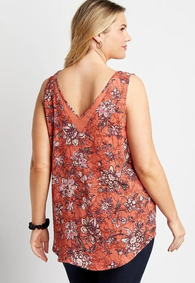Plus Size Orange Floral Sheer Inset V Neck Tank Top Women Maurices Plus Tops