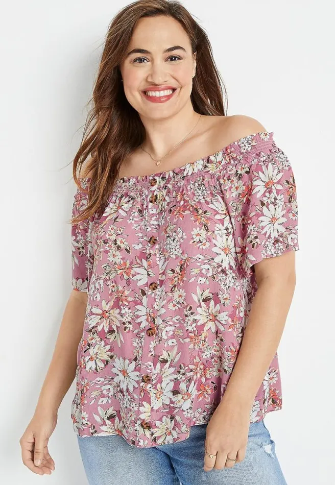Plus Size Pink Floral Off The Shoulder Button Front Top Women Maurices Plus Tops