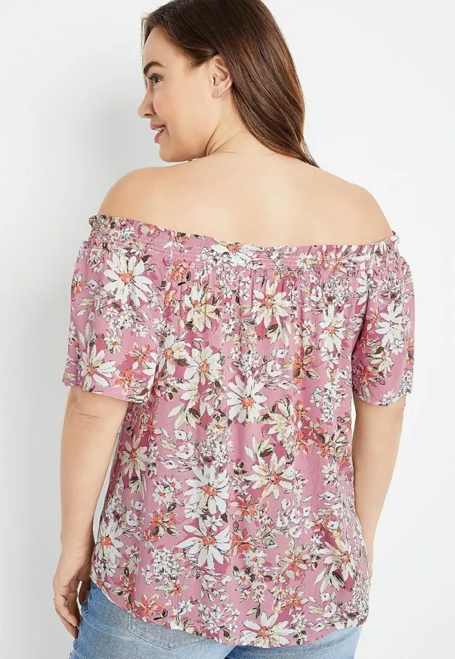 Plus Size Pink Floral Off The Shoulder Button Front Top Women Maurices Plus Tops