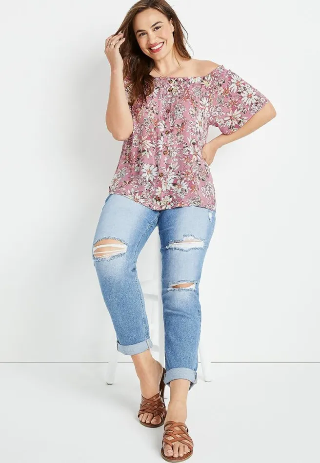 Plus Size Pink Floral Off The Shoulder Button Front Top Women Maurices Plus Tops