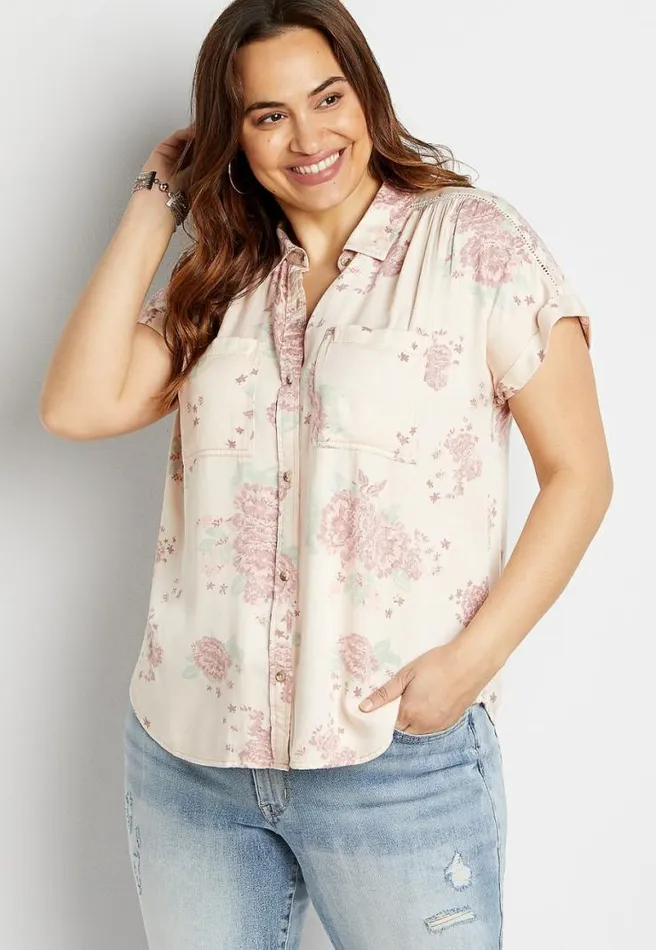 Plus Size Pink Floral Short Sleeve Utility Button Down Shirt Women Maurices Plus Tops