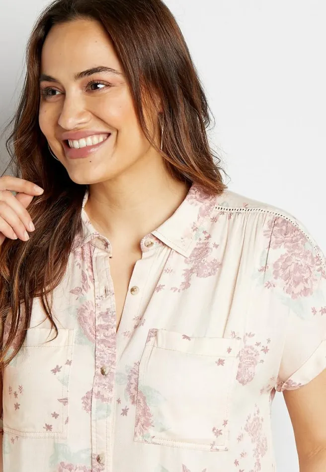 Plus Size Pink Floral Short Sleeve Utility Button Down Shirt Women Maurices Plus Tops