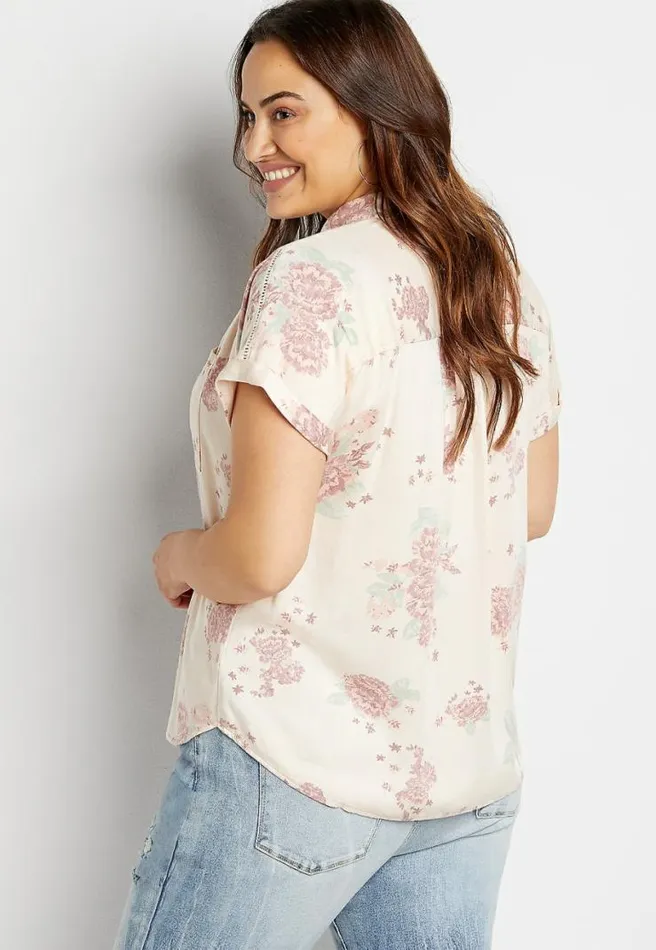 Plus Size Pink Floral Short Sleeve Utility Button Down Shirt Women Maurices Plus Tops