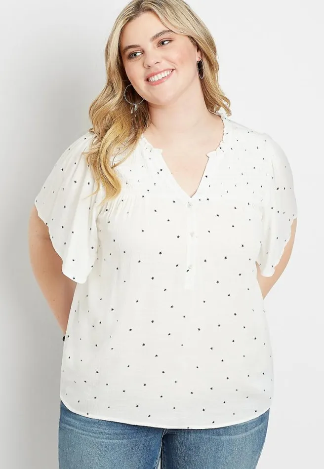 Plus Size White Star Flutter Sleeve Button Front Top Women Maurices Plus Tops