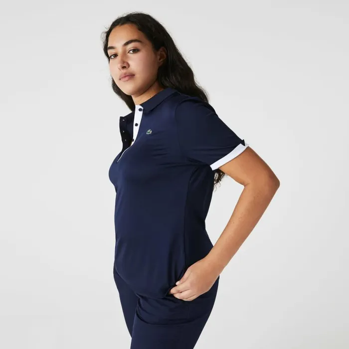 Polos Women Lacoste Women039s Stretch Jersey Golf Polo Navy Blue White 525
