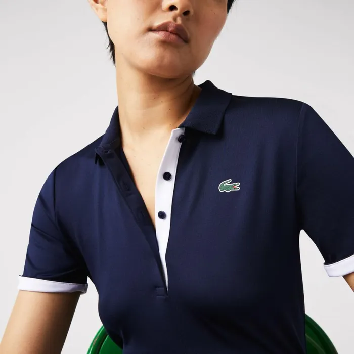 Polos Women Lacoste Women039s Stretch Jersey Golf Polo Navy Blue White 525