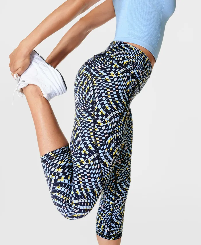 Power Cropped Gym Leggings Blue Fluid Check Print Pocketed Sweaty Betty Women