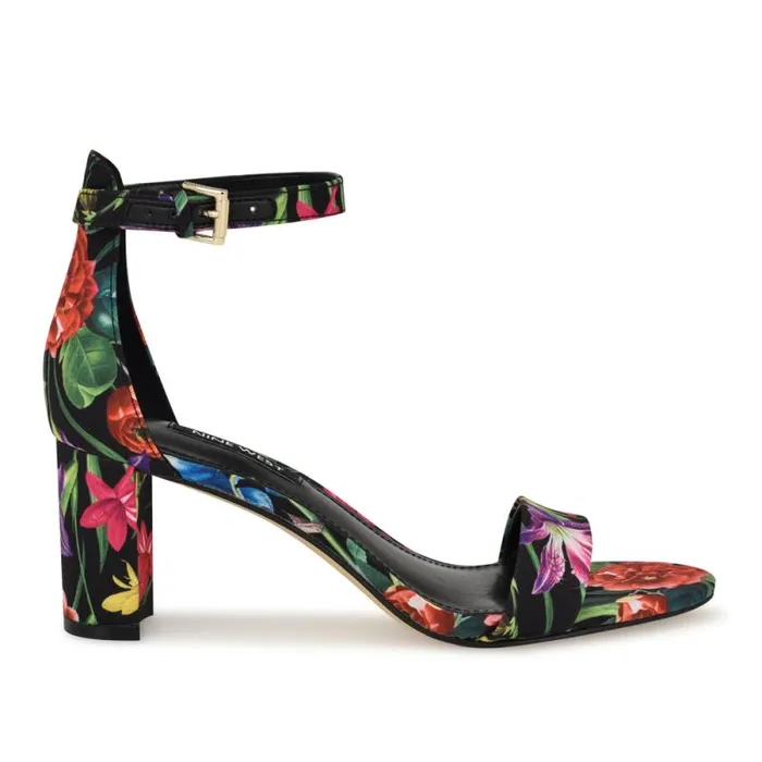 Pruce Ankle Strap Block Heel Sandals Black Floral Women Nine West Heels
