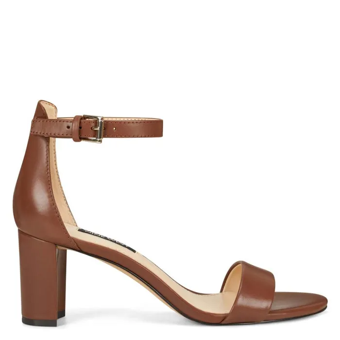 Pruce Ankle Strap Block Heel Sandals Dark Brown Leather Women Nine West Sandals