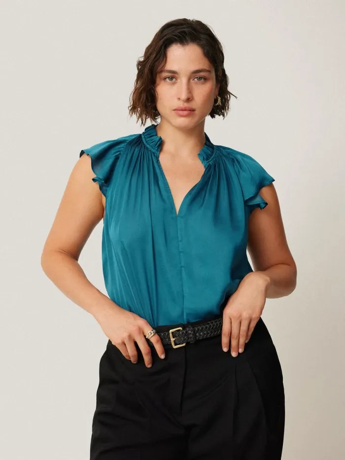 Recycled Satin Frill Neck Top Blue Women Jigsaw Party