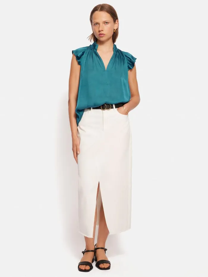Recycled Satin Frill Neck Top Blue Women Jigsaw Party