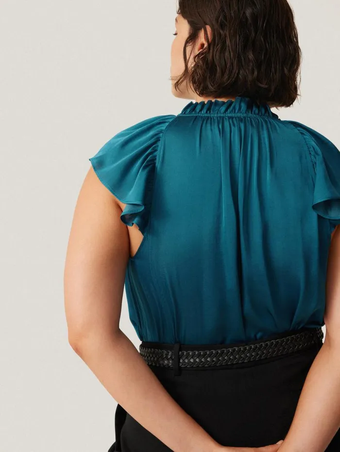 Recycled Satin Frill Neck Top Blue Women Jigsaw Party